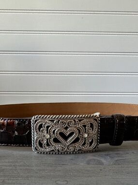 Brighton Croc-Embossed Brown Leather Belt with Ornate Silver Heart Buckle